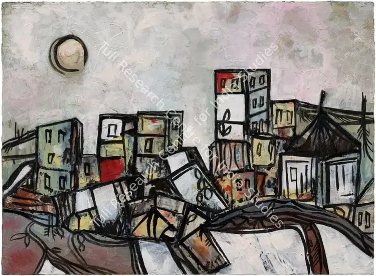 Ribeiro, Lance (Artist). Untitled (Landscape with Moon). Oil on board pasted on mount board, circa 1960 | Painting | EconomicsArt | 00870137