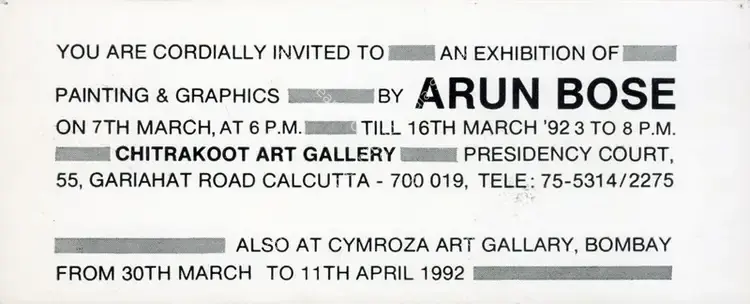 Bose, Arun (Artist). An Exhibition of Paintings & Graphics. 1992 | Solo Exhibition Invitation | FineArts | 00859944