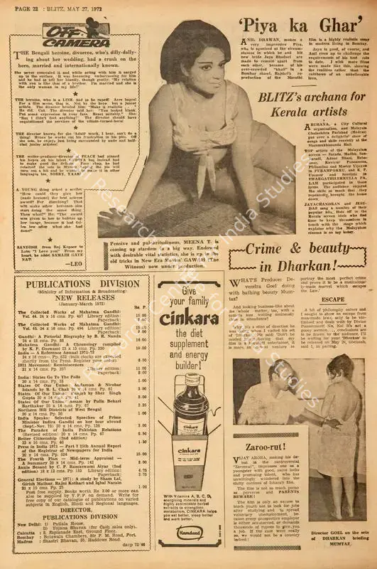 Crime & Beauty in Dharkan 1. In <i>Blitz - India's Greatest Weekly.</i> p. 22. Bombay: R.K. Karanjia, 27 May 1972 | Film Review | CinemaEducation | 00143365