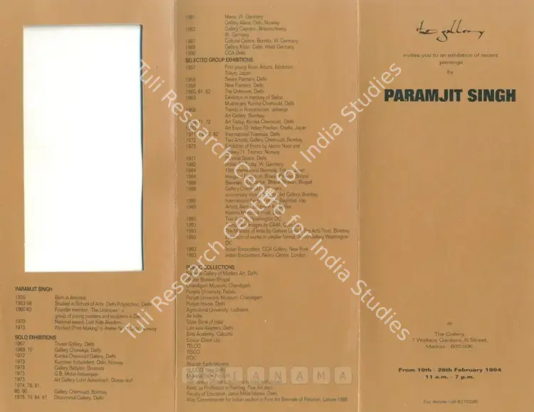 Singh, Paramjit (Artist). Paramjit Singh - Exhibition of  Recent Paintings. Madras: The Gallery, 1994 | Solo Exhibition Invitation | FineArts | 00859693
