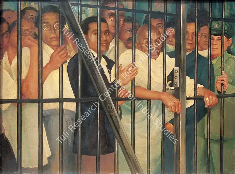 Khosa, Somnath (Artist). Gandhiji Visiting Political Prisoners At Dum Dum Jail In 1947. Oil on board, c.1960 | Painting | FineArts | 00375378