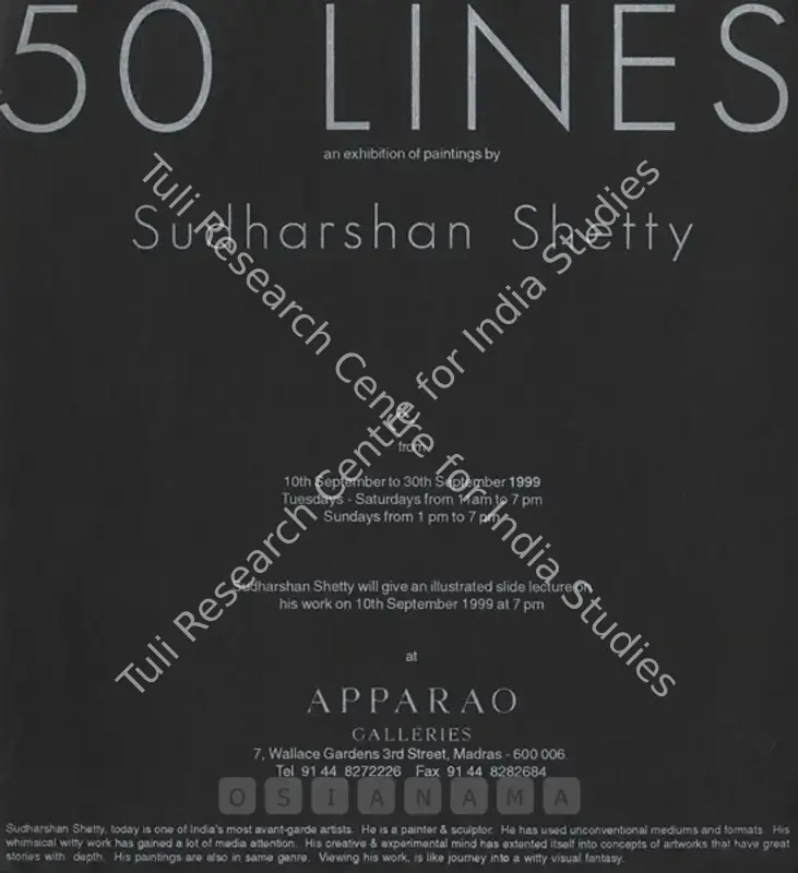Shetty, Sudarshan (Artist). 50 Lines - Exhibition of Paintings by Sudarshan Shetty. Madras: Apparao Galleries, 1999 | Solo Exhibition Invitation | FineArts | 00859661
