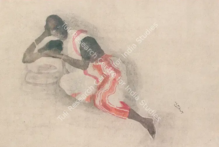 Banerjee, Maniklal (Artist). Santhal Woman in a red bordered sari. Watercolour on silk, n.d. | Painting | FineArts | 00375591