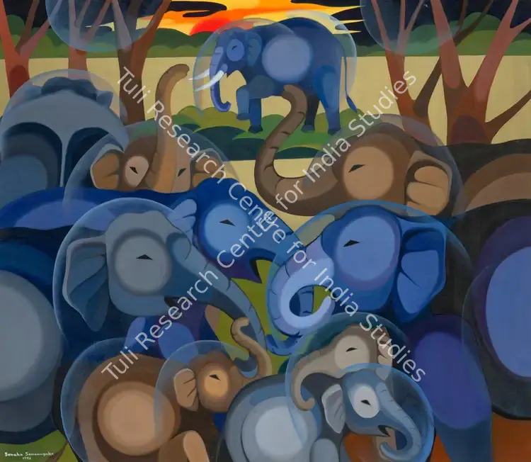 Senanayake, Senaka (Artist). Untitled (Tusker and Herd at Sunrise). Oil on canvas, 1996 | Painting | EconomicsArt | 00872613