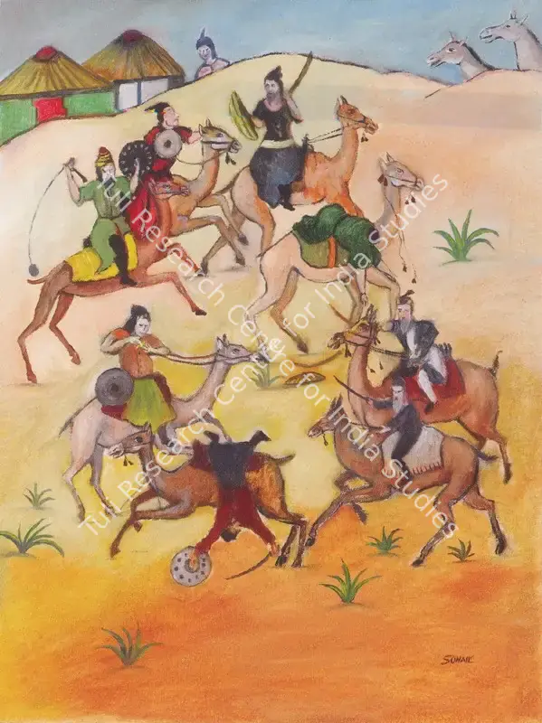 Sohail, Tasadduq (Artist). A Group Of Warriours Fighting On Camels. Oil on canvas, n.d. | Painting | FineArts | 00577078