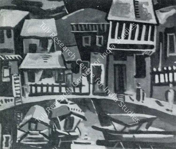 Kaul, Triloke (Artist). Huts. n.d. | Marg, March 1955 | Painting | FineArts | 00674170