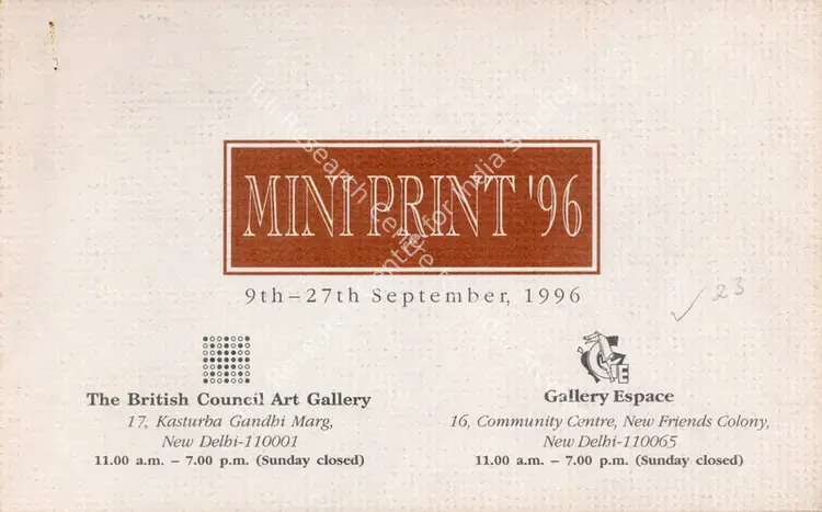 Sud, Anupam (Curator) and Gallery Espace (Organiser). Mini Print '96. New Delhi: Gallery Espace, 1996 | Group Exhibition Invitation | FineArts | 00858795