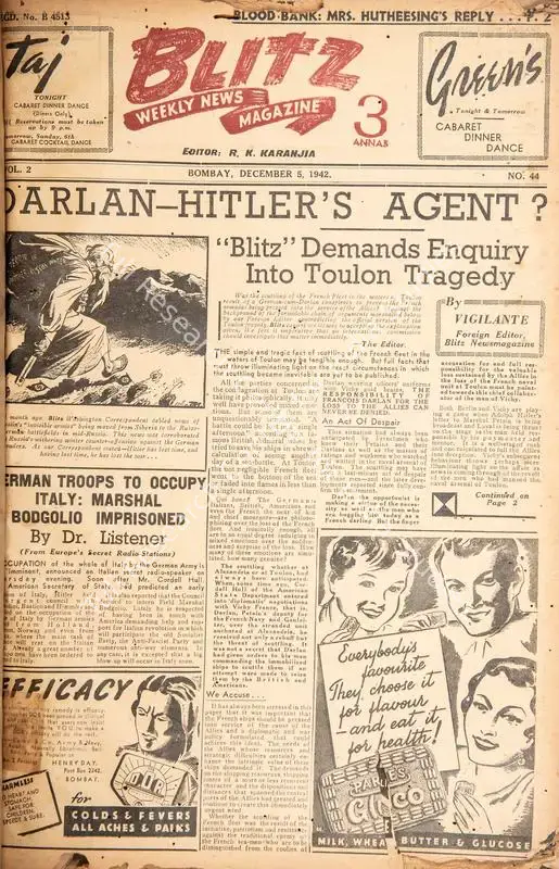 Karanjia, R.K. (Editor). Blitz - Weekly News Magazine. Bombay: R.K. Karanjia, 05 December 1942 | Magazine | CinemaEducation | 00796756