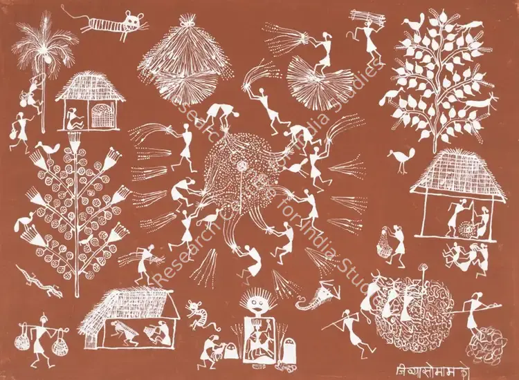 Mashe, Jivya Soma (Artist). Untitled (Threshing) (Warli). Acrylic on cloth, n.d. | Painting | EconomicsArt | 00869203