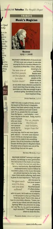 Akhtar, Javed (Lyricist) and Shubha Mudgal (Singer). Tribute Music's Magician - Naushad 1919-2006. Tehelka, 20 May 2006 | Newspaper Clipping | CinemaEducation | 00854807