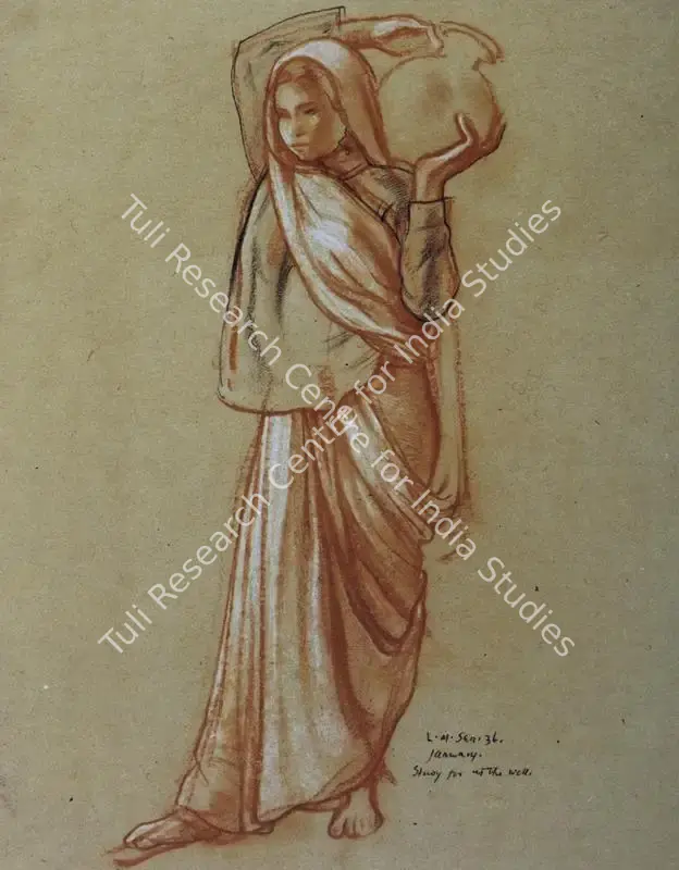 Sen, Lalit Mohan (Artist). Woman with Pitcher. Conte on paper, 1936 | Drawing  | 00880878