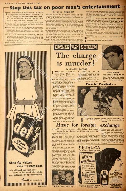 Kapoor, Shashi (Essayist). The Charge is Murder !. In <i>Blitz - Hindi Sanskaran.</i> p. 22. Bombay: R.K. Karanjia, 09 September 1967 | Film Review | CinemaEducation | 00143045