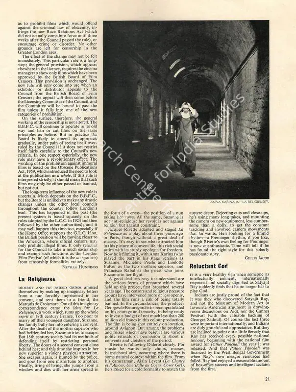 Malik, Amita (Essayist). Reluctant God. 35(1), pp. 21-22. London: Sight & Sound, Winter 1966 | Essay | CinemaEducation | 00731618