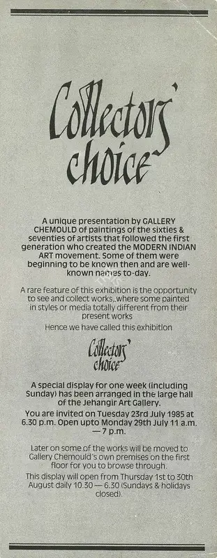 Gallery Chemould (Organiser). Collectors' Choice, 1985 | Group Exhibition Invitation | 00858793