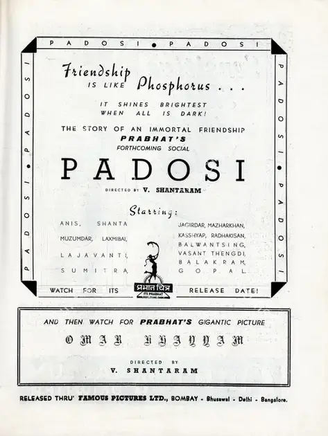 Shantaram, V. (Director), Padosi, 1941 | Advertisement, Filmindia, November 1940 | CinemaEducation | 00858427