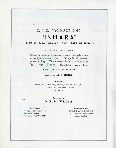 Wadia, D. R. D. (Producer), Ishara, 1943 | Advertisement, Filmindia, October 1942 | CinemaEducation | 00858531