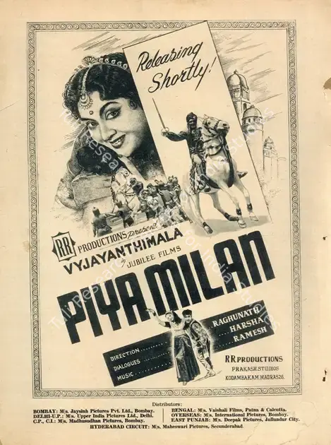 Raghunath (Director), Piya Milan, 1958 | Advertisement, Filmfare, 28 February 1958 | CinemaEducation | 00791254