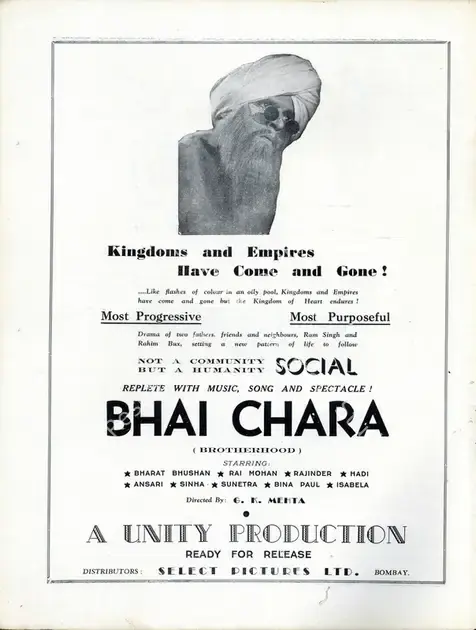Prashar, L.R. (Producer), Bhai Chara, 1943 | Advertisement, Filmindia, January 1944 | CinemaEducation | 00858574