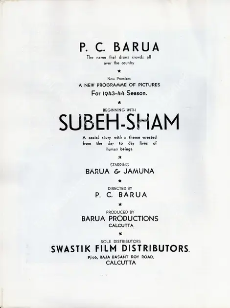 Barua, P.C. (Director), Subah Shyam, 1944 | Advertisement, Filmindia, July 1943 | CinemaEducation | 00858607