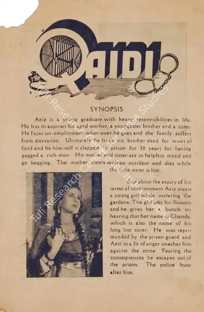 Hasnain, S.F. (Director), Qaidi, 1940 | Cyclostyled Lyrics Leaflet | CinemaEducation | 00517372