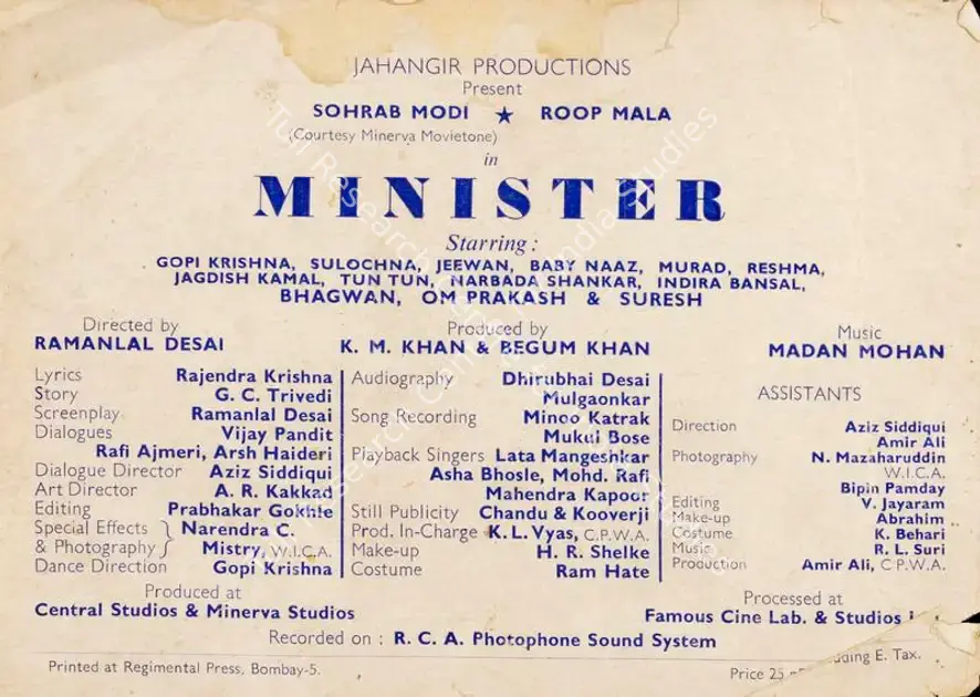 Khan, Begum (Producer), Minister, 1959 | Song-Synopsis Booklet | CinemaEducation | 00779044
