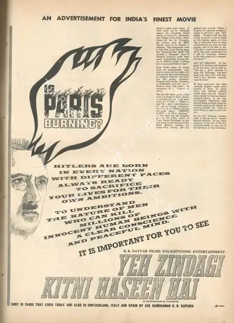 Nayyar, R.K. (Producer), Yeh Zindagi Kitni Haseen Hai, 1966. Is Paris Burning? | Advertisement, Star & Style, 1 October 1966 | CinemaEducation | 00791682