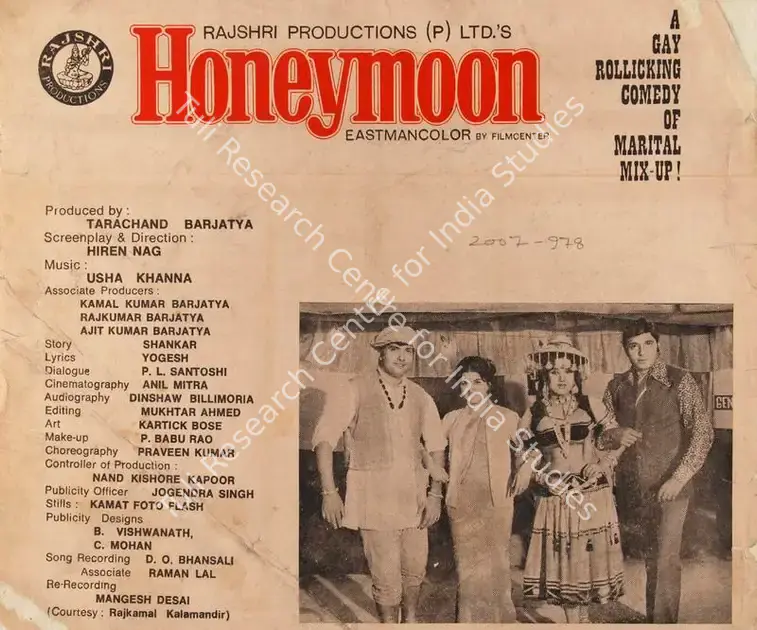 Barjatya, Tarachand (Producer), Honeymoon, 1973 | Song-Synopsis Booklet | CinemaEducation | 00864764