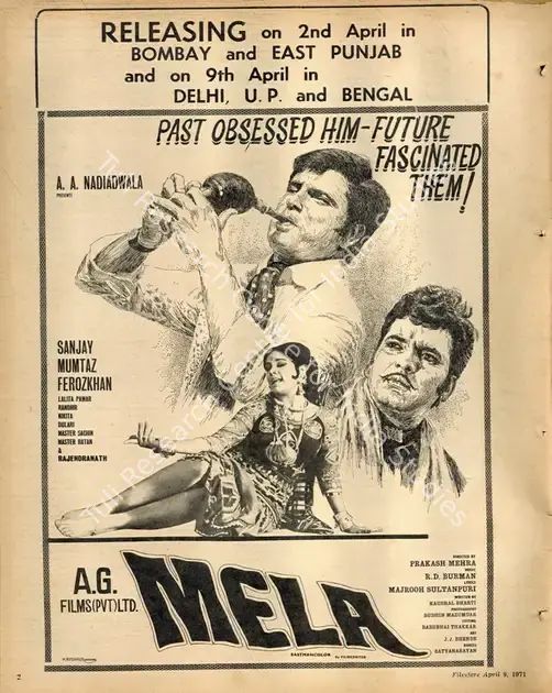 Nadiadwala, A.A. (Producer), Mela, 1971 | Advertisement, Filmfare, 09 April 1971 | CinemaEducation | 00791454