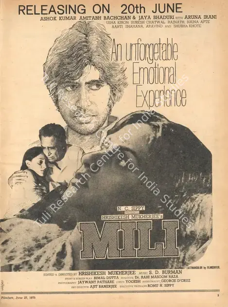 Mukherjee, Hrishikesh (Producer), Mili, 1975 | Advertisement, Filmfare, 27 June 1975 | CinemaEducation | 00791553